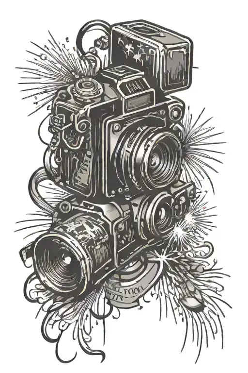 camera, fireworks, and text tattoo design idea
