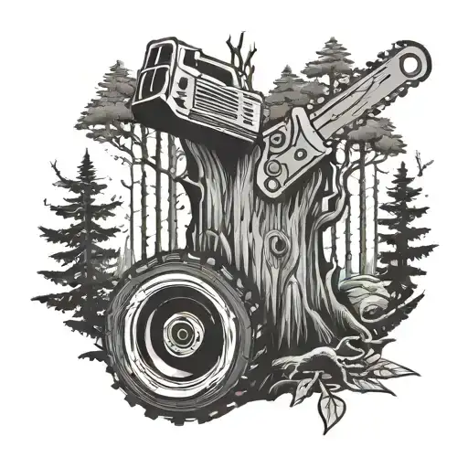 The forest behind and in front of the stump there is a chainsaw with a tire in the middle of the stump. And behind him,  tattoo design idea