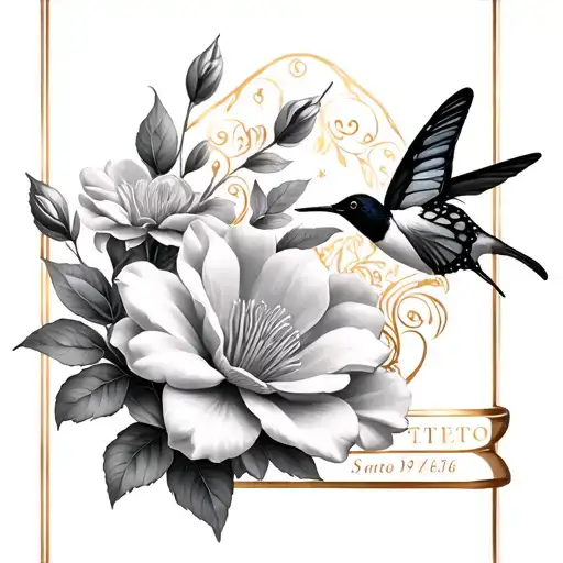 magnolis bloosom in the background with a gold bar and hummingbird, butterfly tattoo design idea
