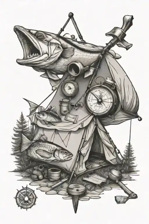 tent, nature, forest, compass, binoculars, fishing, pike perch tattoo design idea