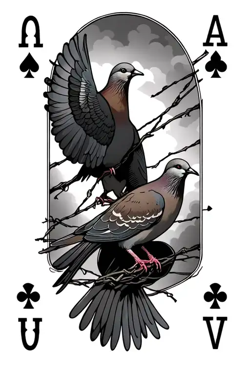 mourning doves on a power line going through an ace card tattoo design idea