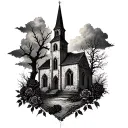 ruin church with dead trees and dark clouds and black roses and a creepy parchment all around the tattoo tattoo design idea