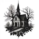 ruin church with dead trees and dark clouds and black roses and a creepy parchment all around the tattoo tattoo design idea