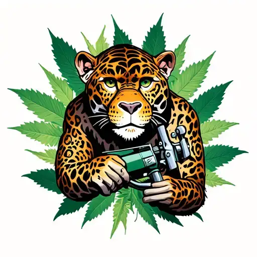 jaguar in Salvatore Dali style, with monkey that holds tattoo machine, marihuana leafs background in negative space,  tattoo design idea