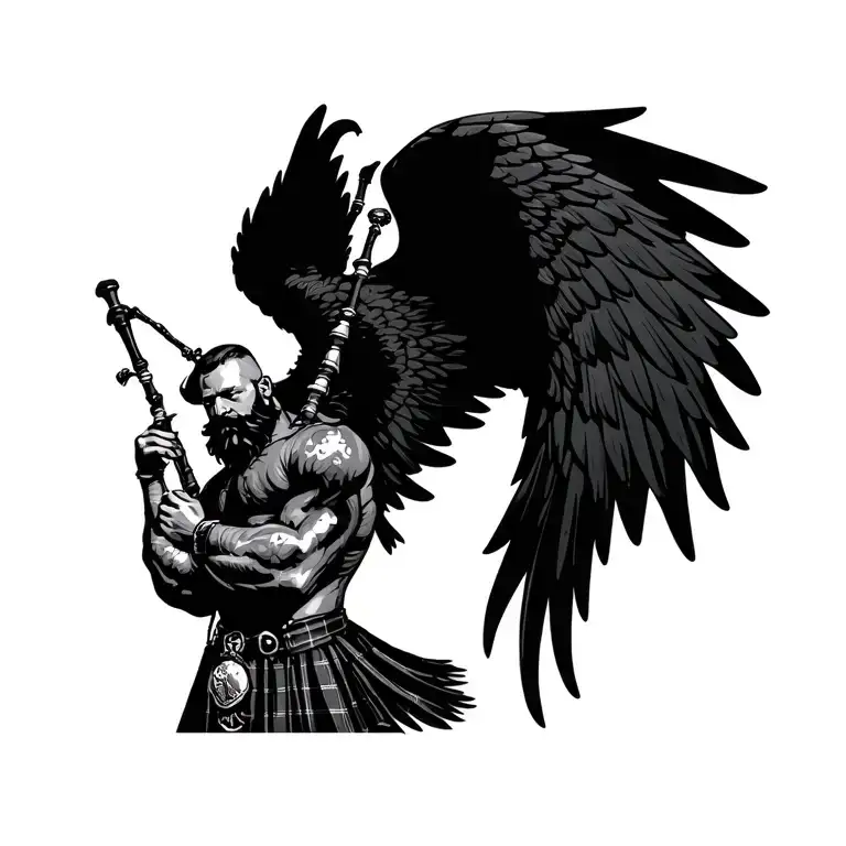 scottish bagpiper bald black beard muscular wearing glengarry pipes in arm big black wings tattoo design idea