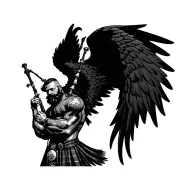 scottish bagpiper bald black beard muscular wearing glengarry pipes in arm big black wings tattoo design idea