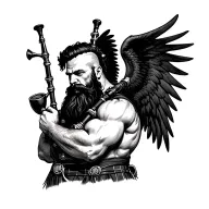 scottish bagpiper bald black beard muscular wearing glengarry pipes in arm big black wings tattoo design idea