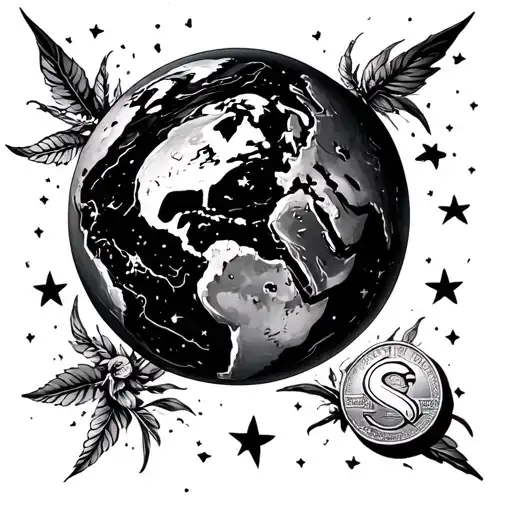 Planet Earth Tatoo in Black and White with all the most valuable Muedas synbolos and highlighting the euro and dolare tattoo design idea