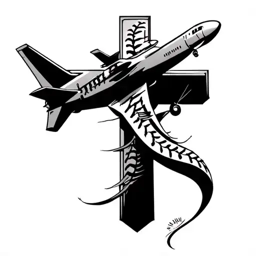 A thin cross, with a tiny airplane silhouette at the top and a small curved baseball seam wrapping one arm of the cross. tattoo design idea