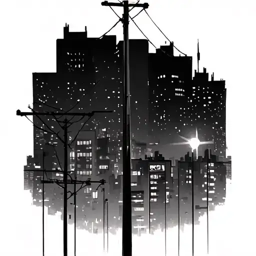 electric pole with city buildings night scene in background from a low angle point of view  tattoo design idea
