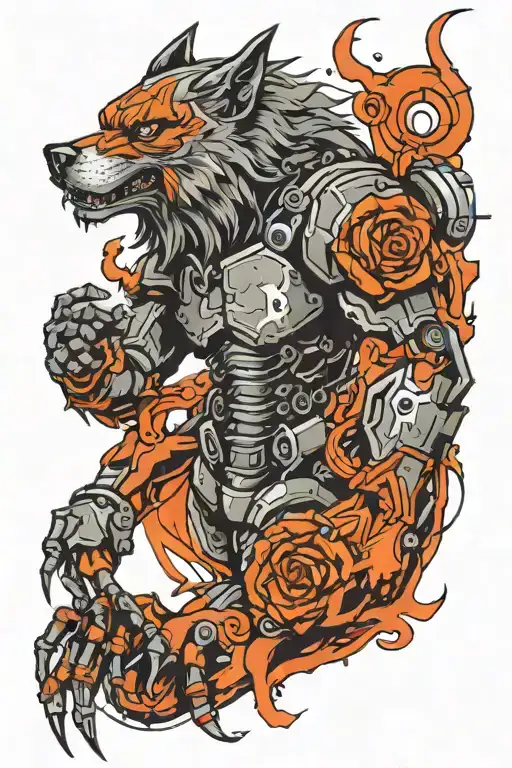 robotic werewolf howling tattoo design idea