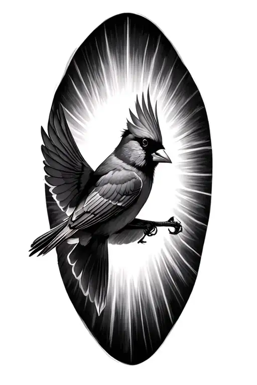black and gray flying cardinal surrounded by bright sun tattoo design idea