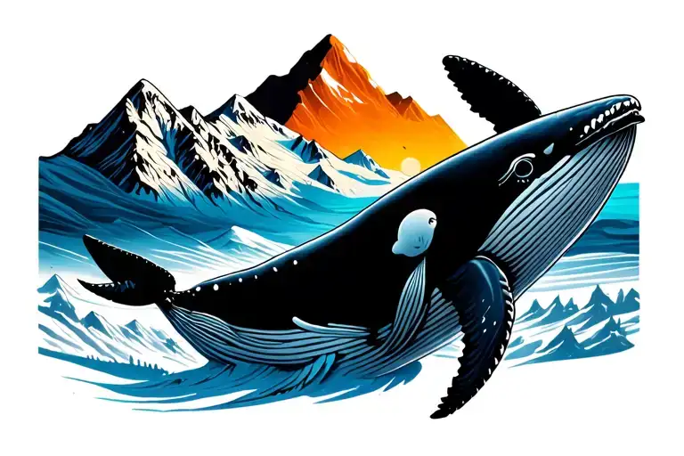 mountain range, whale, ski, hockey stick tattoo design idea