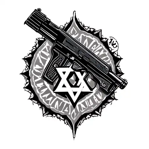 A sketch of a tattoo in a calligraphy style. Main idea: [outline of an Israeli micro UZI]. Use the calli tattoo design idea