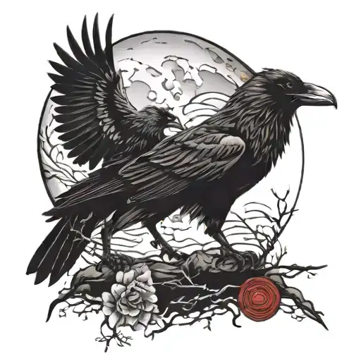 a raven and a wolf back to back surrounded by blood moon tattoo design idea
