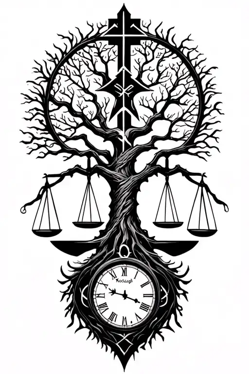 "McCullough  Robbs " "McCullough  Robbs " gothic tree of life intertwined with cross, libra scales and a clock  tattoo design idea
