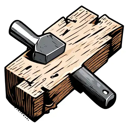 Small split wooden plank with hammer hammering in a nail that says Piece of work on the plank outline only tattoo design idea