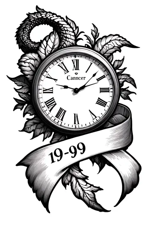 clock, zodiac sign virgo, zodiac sign cancer, ribbon with date 19-09 tattoo design idea