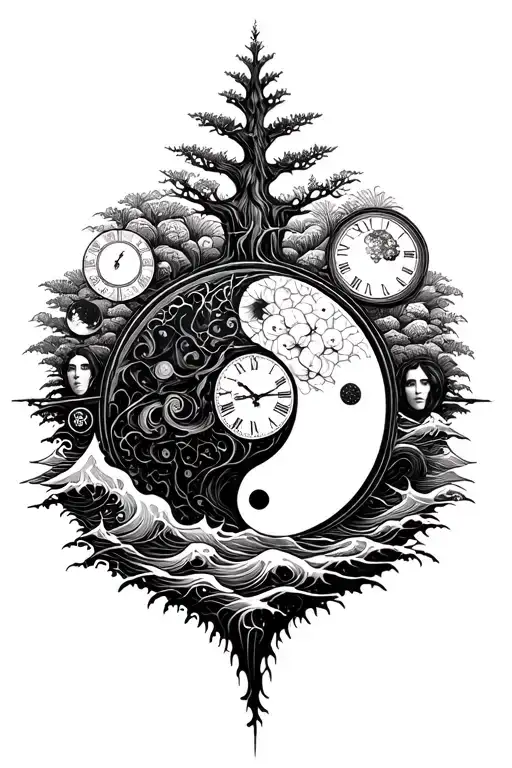 tree of life tattoo design combining elements of philosophy, nature ,clock,male face,sun ,moon,YIN YANG, ocean waves tattoo design idea
