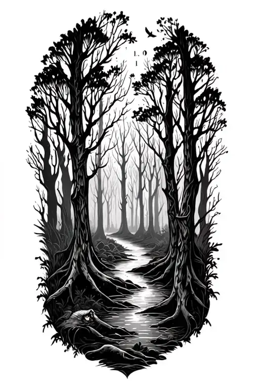 “A black-and-white forearm tattoo illustration of a sweet but eerie haunted forest. The design features many slender, tw tattoo design idea