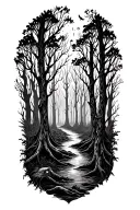 “A black-and-white forearm tattoo illustration of a sweet but eerie haunted forest. The design features many slender, tw tattoo design idea
