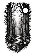 “A black-and-white forearm tattoo illustration of a sweet but eerie haunted forest. The design features many slender, tw tattoo design idea