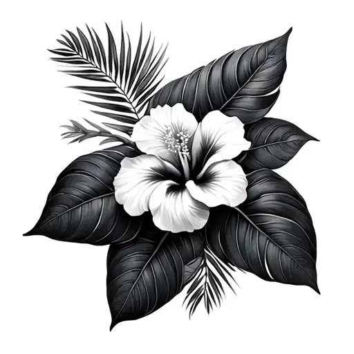 palm branches and hibiscus flower large black leaves tattoo design idea