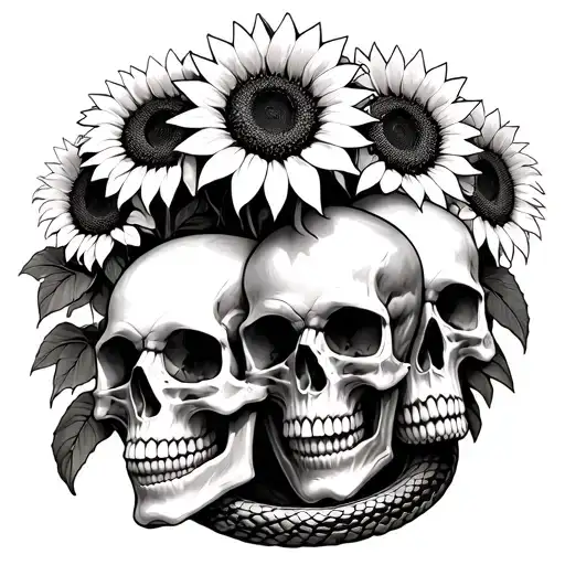 3 skulls and a few sunflowers with a snake coming out of the skulls tattoo design idea