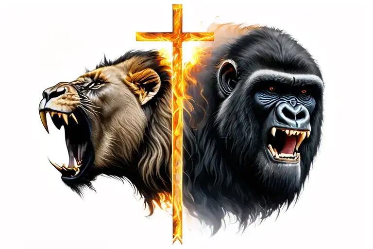 lion and gorilla head roaring with cross without shading in the center  tattoo design idea