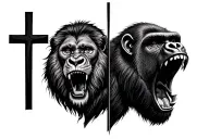 lion and gorilla head roaring with cross without shading in the center  tattoo design idea