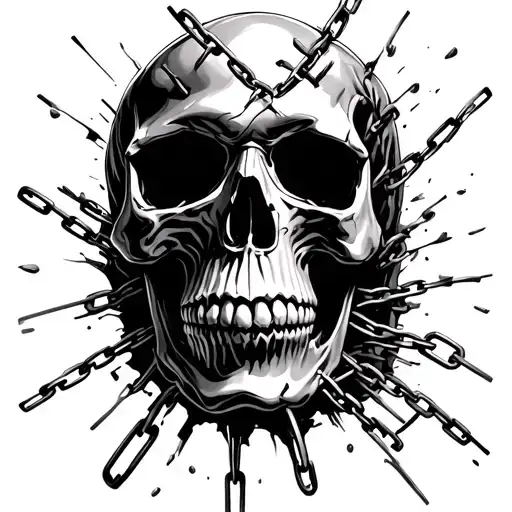 A highly detailed, black and white realistic skull breaking through metal chains. The skull should have deep cracks, hol tattoo design idea