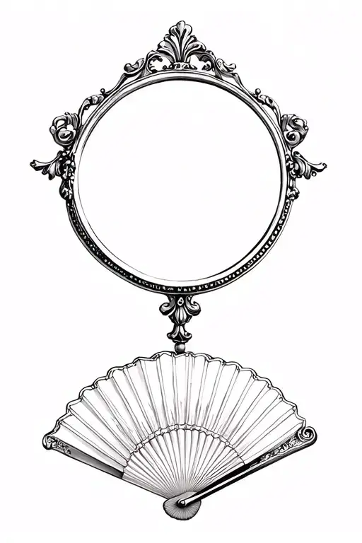 vintage Victorian mirror with vintage paper fan at the bottom tattoo design idea