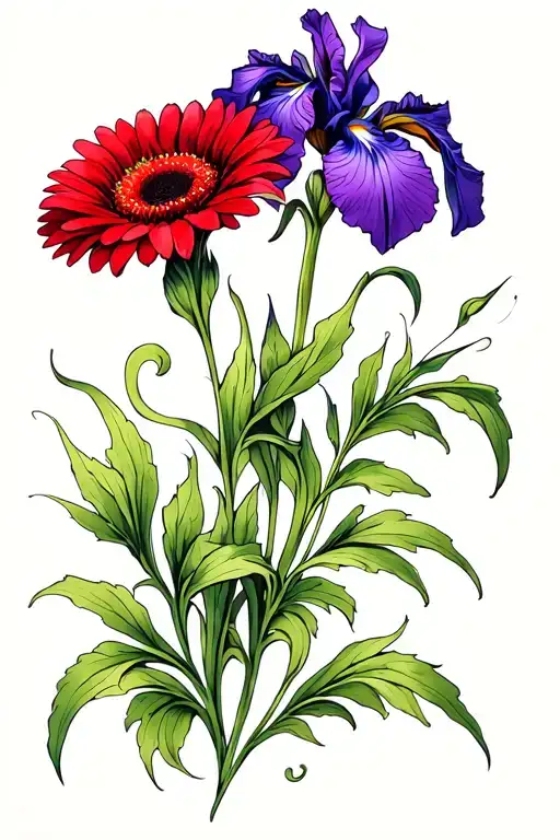 red gerbera daisy intertwined with purple iris flower, side by side, stems swirl down tattoo design idea