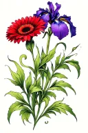red gerbera daisy intertwined with purple iris flower, side by side, stems swirl down tattoo design idea