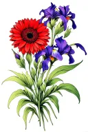 red gerbera daisy intertwined with purple iris flower, side by side, stems swirl down tattoo design idea