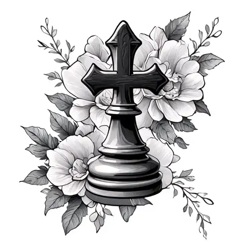 a feminine tribute tattoo featuring a delicate chess piece intertwined with a cross, in memory of a loved one  tattoo design idea