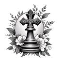 a feminine tribute tattoo featuring a delicate chess piece intertwined with a cross, in memory of a loved one  tattoo design idea