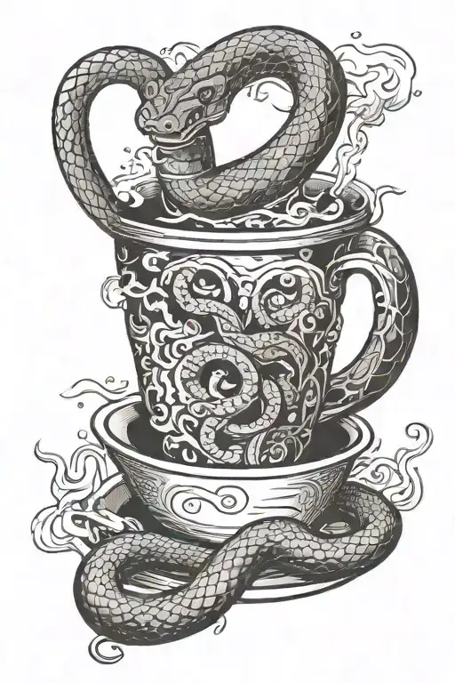 a snake lies in a cup with cigarette butts and smokes a cigarette tattoo design idea