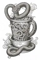 a snake lies in a cup with cigarette butts and smokes a cigarette tattoo design idea