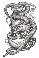 a snake lies in a cup with cigarette butts and smokes a cigarette tattoo design idea