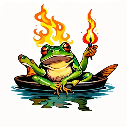Frog sit in a fish holding a match in flame tattoo design idea