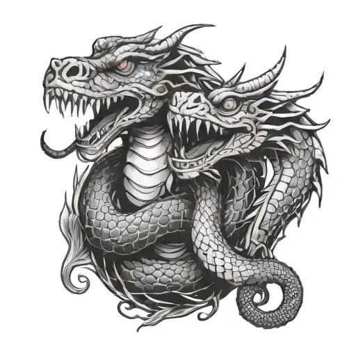 Neo traditional female snake and male dragon wrapped tattoo design idea