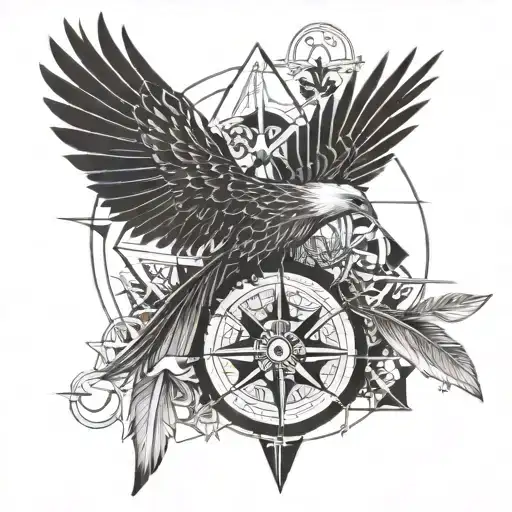 Black and white tattoo, a compass with an arrow passing through it, Pheonix flying on one side with a sparrow on the oth tattoo design idea