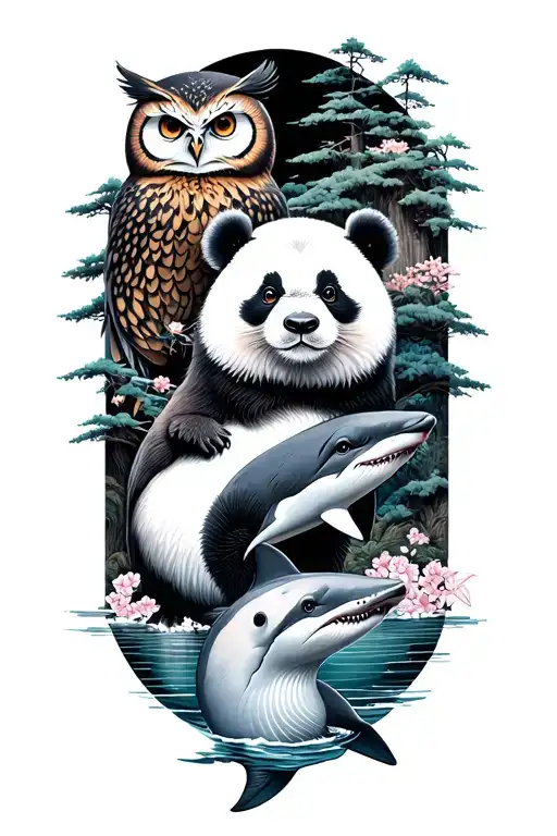Japanese landscape with hidden animals; owl, cat, otter, panda, dolphin, shark and penguin tattoo design idea