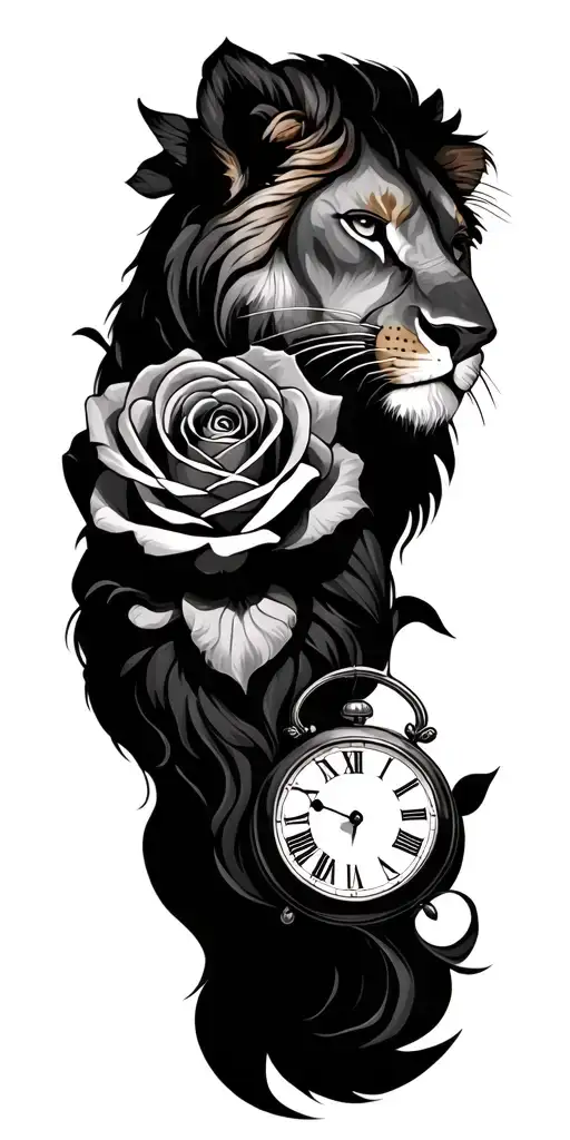 Leo and rose with a clock tattoo design idea