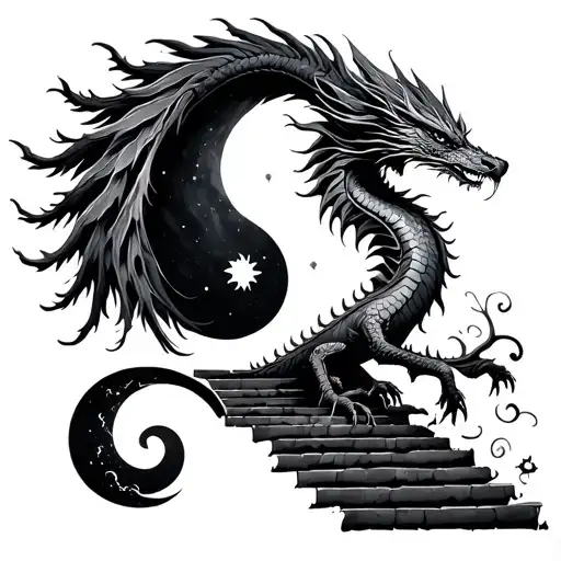 dragon phoenix  tree stairway ying yang sun and moon tattoo design idea