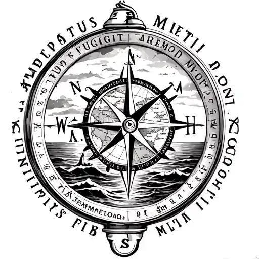 compass with a nautical map inside, text saying "Tempus Fugit Memento Mori", lighthouse, oceans, sunset tattoo design idea