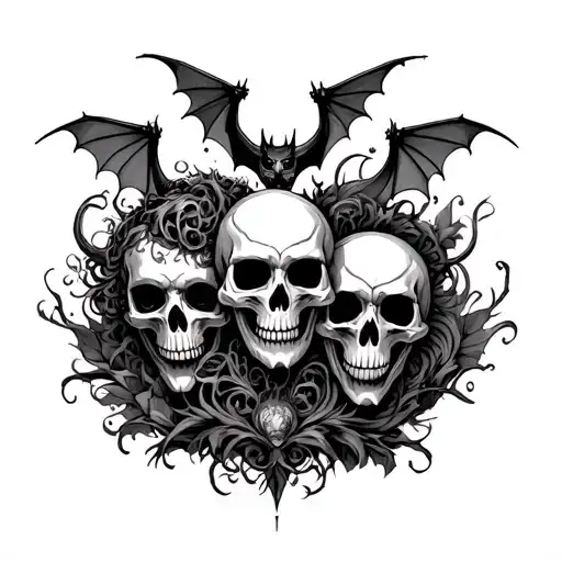 "Aiden, Asher, Autumn, Aurora" skulls and bats and demons tattoo design idea