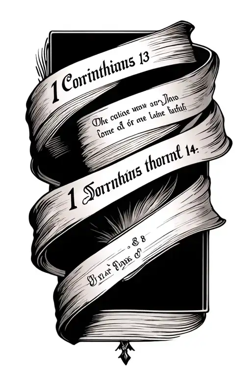 Forearm tattoo of 1 Corinthians 13:4-8 in an old Bible scripture font (like King James version), with elegant fine-line  tattoo design idea