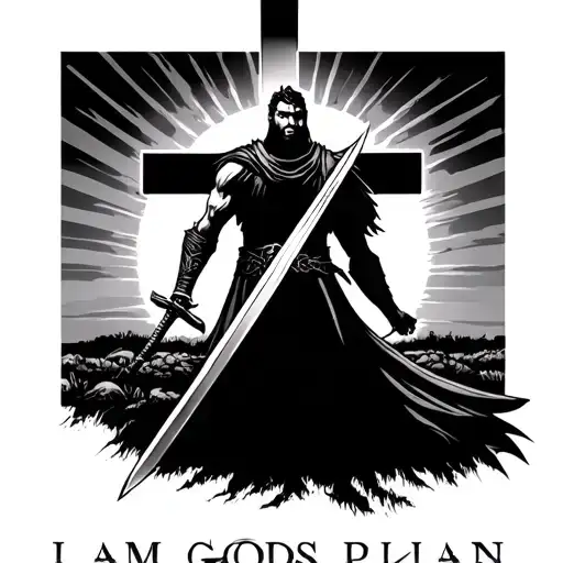 "I AM GODS PLAN" warior wielding his sword standing in front of a cross at sunset tattoo design idea